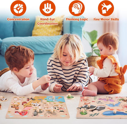 Wooden Peg Puzzles for Toddlers 1-3, 2 Pcs Montessori Puzzles, Animal & Sea Themes Puzzles, Great Preschool Educational Learning Gifts for Girls and Boys