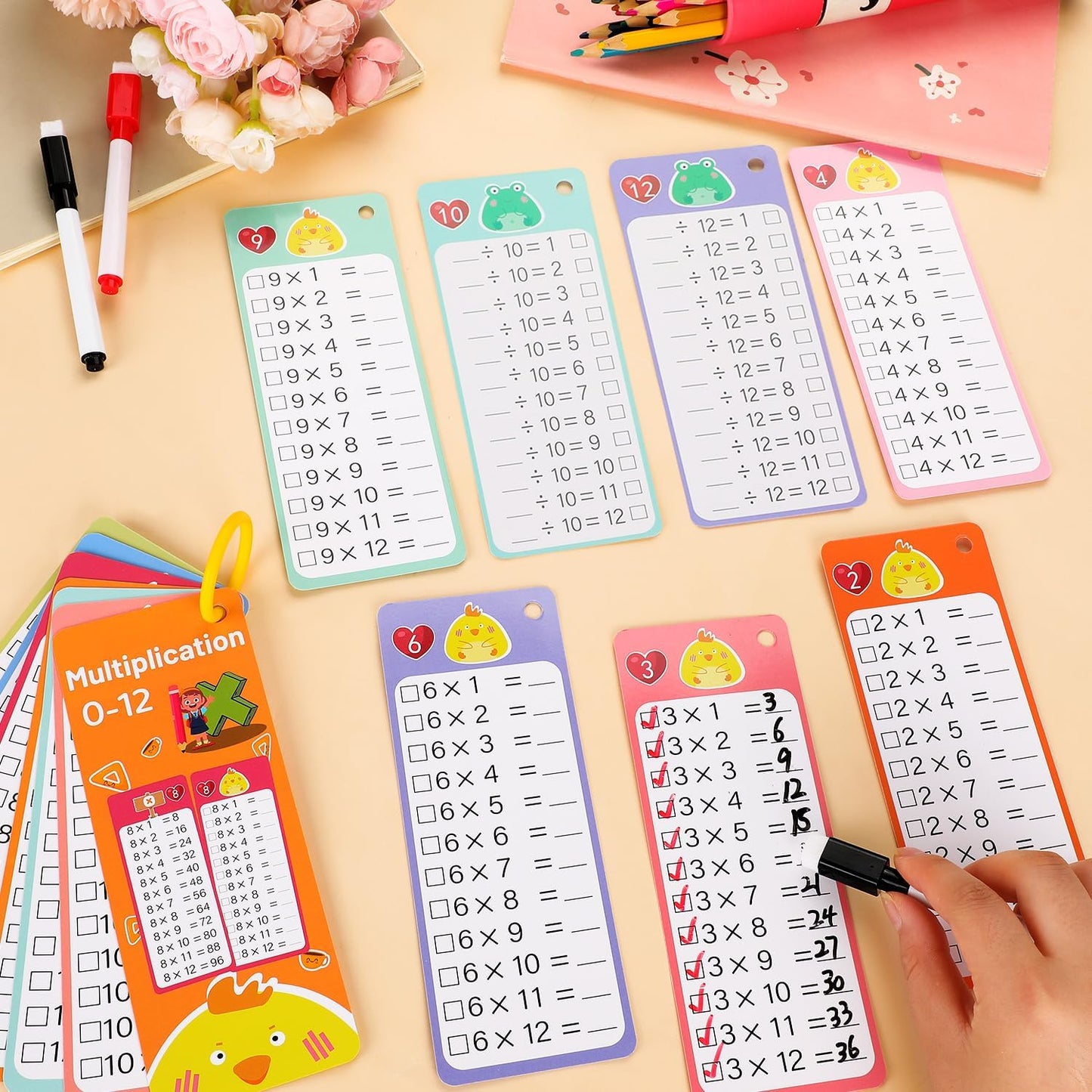 15Pcs Multiplication Flash Cards 0-12, Time Table Flash Cards Chart with 2 Dry Erase Pens 1 Rings, Educational Math Multiplication Chart for 1st to 3rd Grades Fun Learning with Math Game