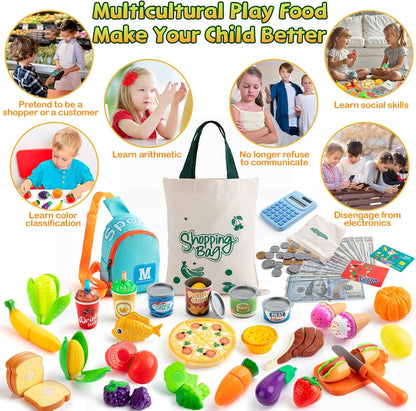 Pretend Play Food Sets for Toddlers, Kids Grocery Store Playset with Shopping Bags,Calculator, Cutting Play Food, Play Money, Sling Bag,Play Kitchen Accessories for Age 3+ Role-Play Games Gift