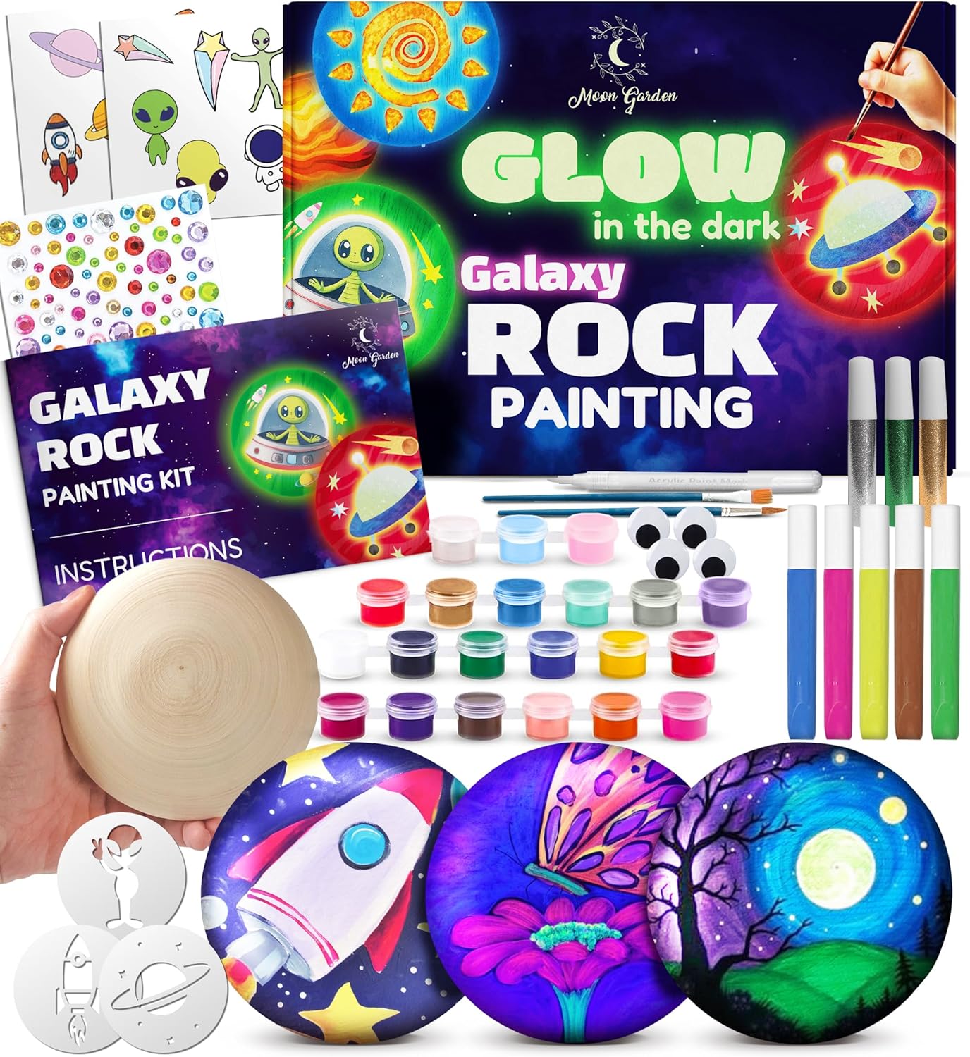 Glow in the Dark Galaxy Rock Painting Kit, Large Wooden Rocks for Painting, Arts and Crafts Painting Rocks for Kids, Kids Craft Paint Kits, Craft Activities Kits, Arts and Crafts Gifts for Boys Girls