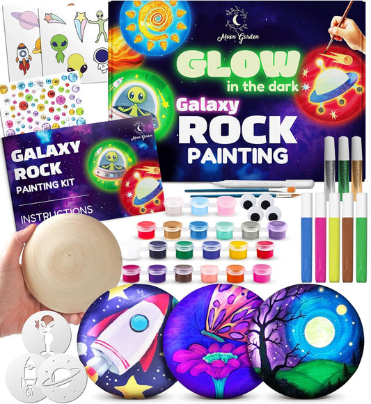 Glow in the Dark Galaxy Rock Painting Kit, Large Wooden Rocks for Painting, Arts and Crafts Painting Rocks for Kids, Kids Craft Paint Kits, Craft Activities Kits, Arts and Crafts Gifts for Boys Girls