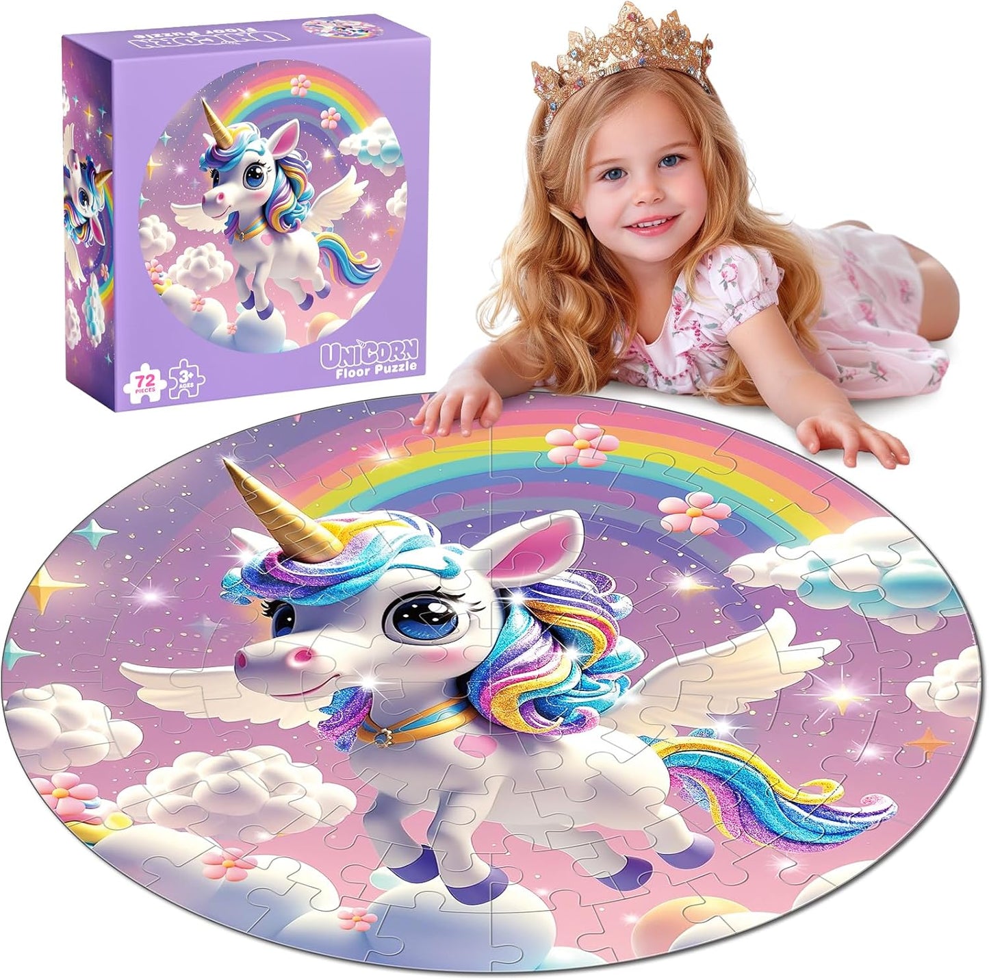 72 Pieces Shimmery Jumbo Mermaid Floor Puzzle for Girls 3-5 4-6 Age Floor Puzzles for Boys and Girls Large Round Floor Jigsaw Puzzles (Mermaid)