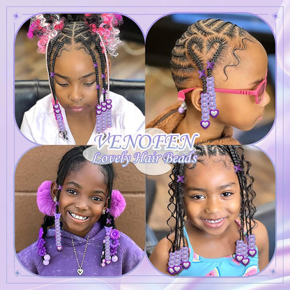 60PCS Purple Braids Beads 3 Styles Dreadlock Bead Accessories Cute Hair Jewelry AB Round Bead Decoration for Kids Girls