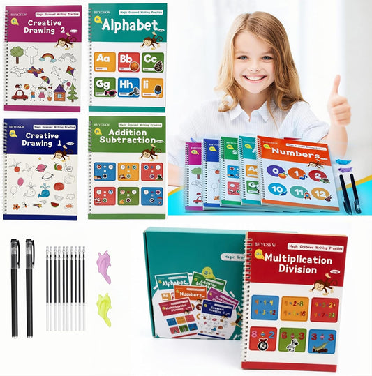 Magic Grooved Writing Practice Books for Kids with Disappearing Ink Pens Grips, Reusable Handwriting Workbooks 6 Pcs, Letter Tracing Copybook for Kindergarten Ages 3-8