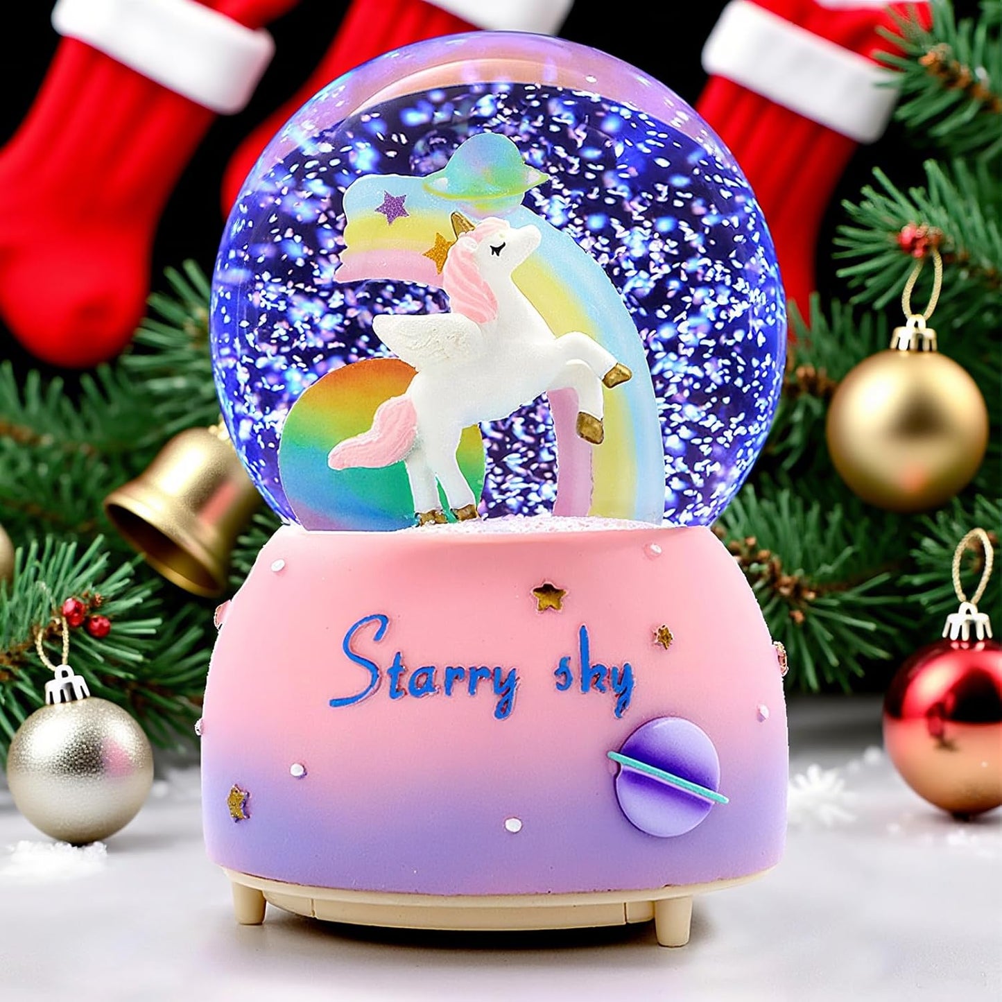 Unicorn Music Snowball, 80MM Snow Globes for Girls Music Box, with LED Rainbow Snow Lights, Birthday, Christmas, Ideal Gift for Girls (Pink&Blue)