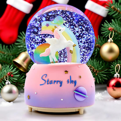 Unicorn Music Snowball, 80MM Snow Globes for Girls Music Box, with LED Rainbow Snow Lights, Birthday, Christmas, Ideal Gift for Girls (Pink&Blue)