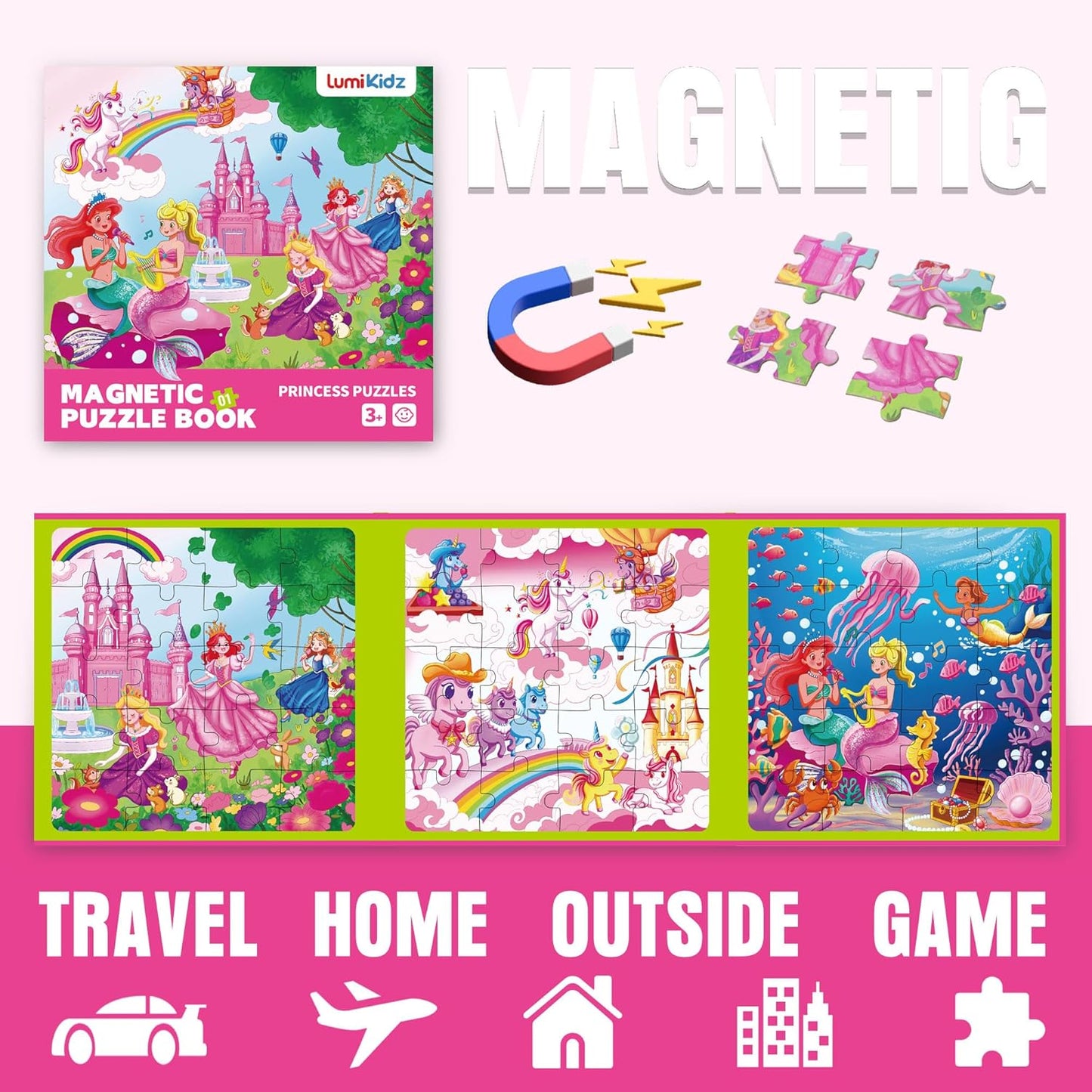 Magnetic Unicorn Mermaid Princess Puzzle for Girls Ages 3-6, 20 Piece Travel Magnetic Puzzle for Toddlers, Car Airplane Road Trip Activity Toy