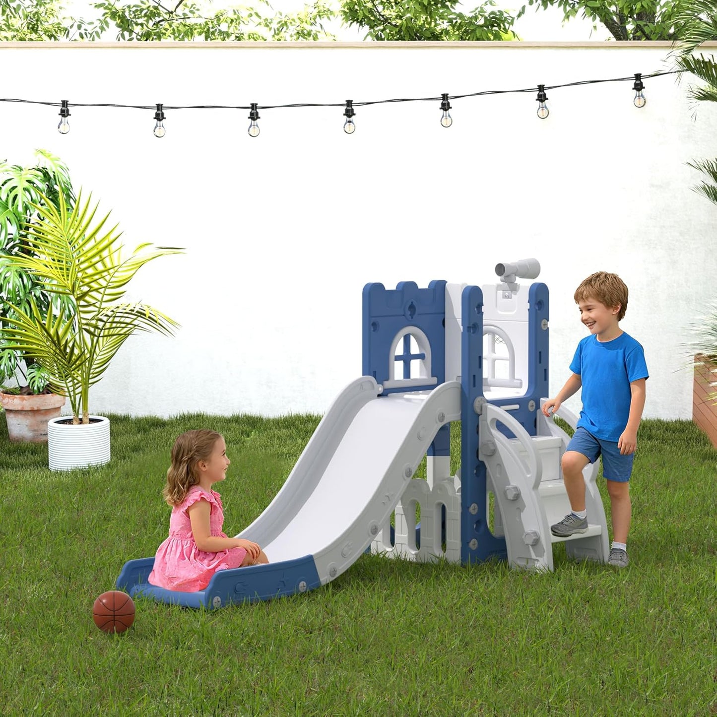 LulliSpace 6 in 1 Toddler Slide,Kids Playset for Toddlers Indoor Outdoor, Baby Slide with Basketball Hoop, Telescope & Storage Space,Non-Slip Steps for Great Gift