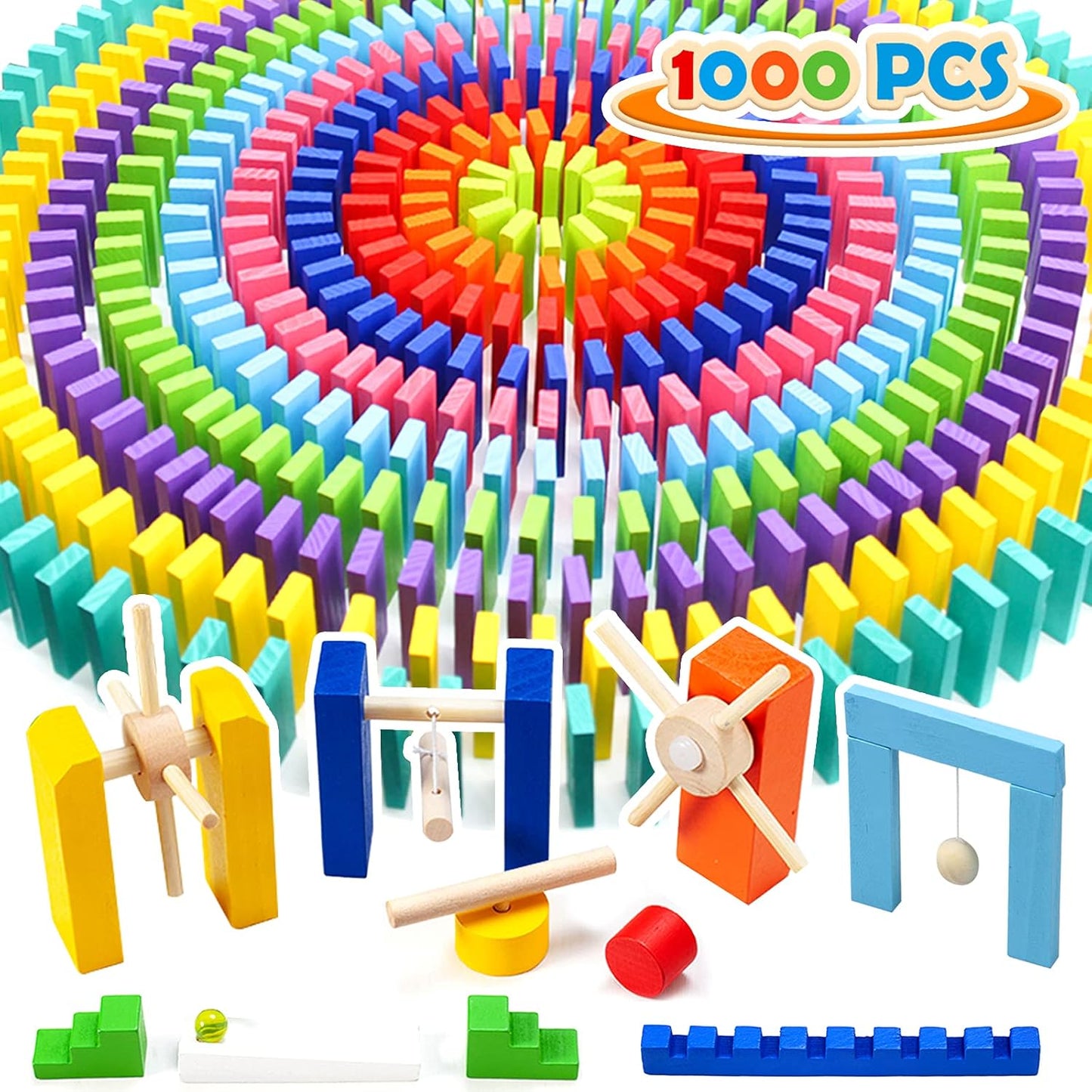 WOOD CITY 1000 Piece Dominoes Set for Kids with Extra 20 Blocks, Colorful Dominos Tiles for Building, Stacking, Racing, Tumbling, Wood Domino with Storage Bag and Box, Educational Toy