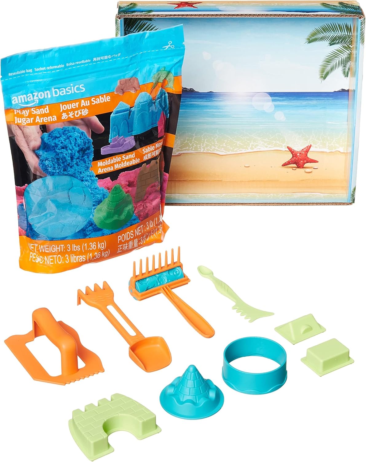 Amazon Basics 11 Piece Moldable Sensory Sand Toy Kit with Castle Molds and Tools, 3lbs Blue Color, for Kids Ages 3 and Up