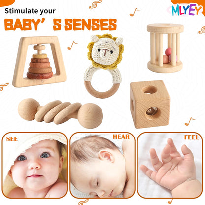 Wooden Rattles for Baby, 7PCS Wooden Montessori Toys for 7-24 Months Baby Boy Girl, Natural Beech Wood Grasping Toy, Gift for Babies