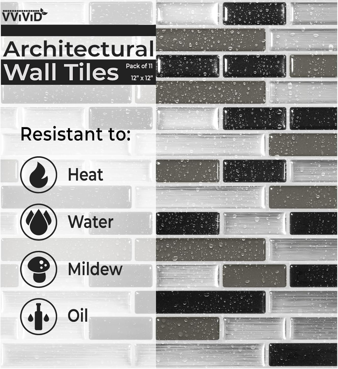VViViD 11 Sheets Peel and Stick Grey Gloss Faux Ceramic Brick Wall Tiles, Self Adhesive Backsplash 12”x12”, 2mm Thick Kitchen, Bathroom (11 sq. ft.)