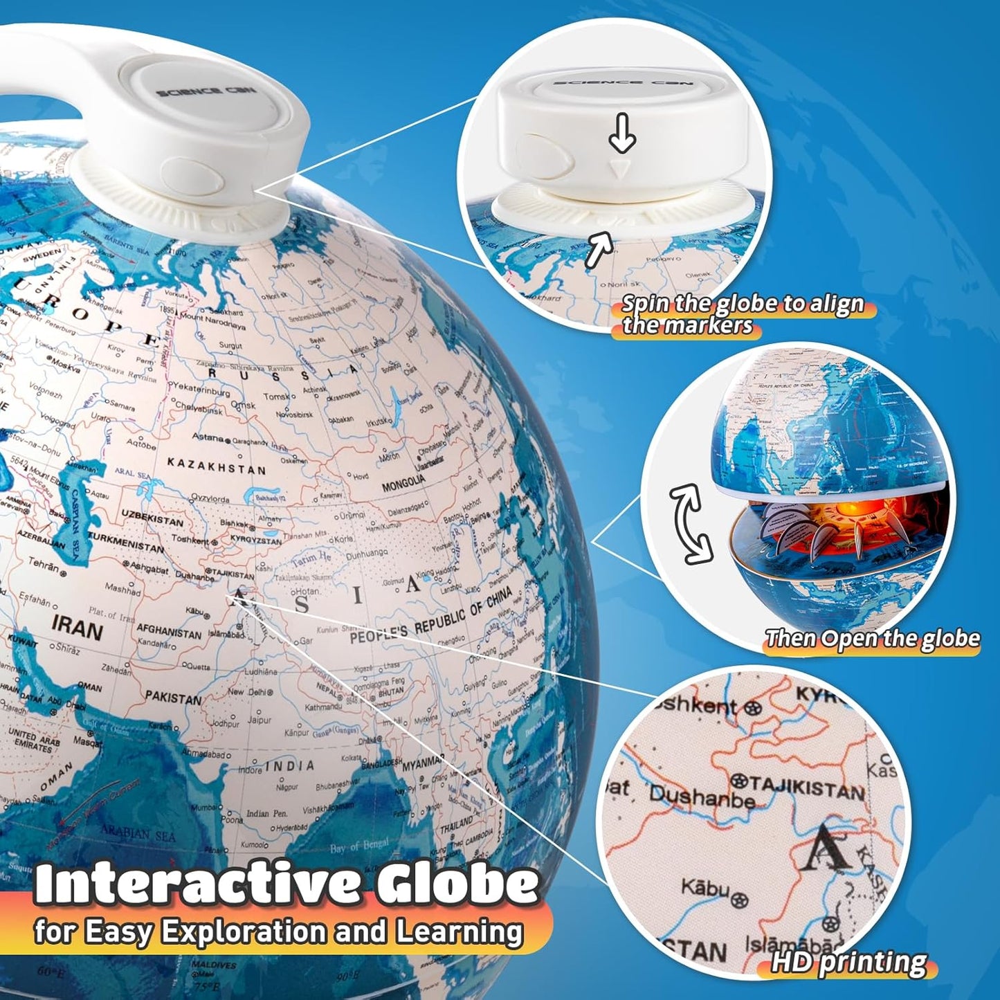 8” Interactive Talking Globe for Kids Ages 4-12, Science Can Earth Globe with LED Core, Bilingual English/French Educational STEM Toy Birthday Gift
