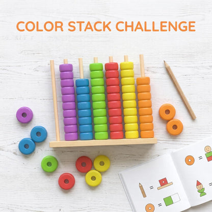 Color Matching Stacking Puzzle Game, Wooden Color Stack Challenge Game with Racks, 60 Rings, Fast Pattern Challenge Ring Stack Puzzle for Family Game Night (1 Set for 1 Player)