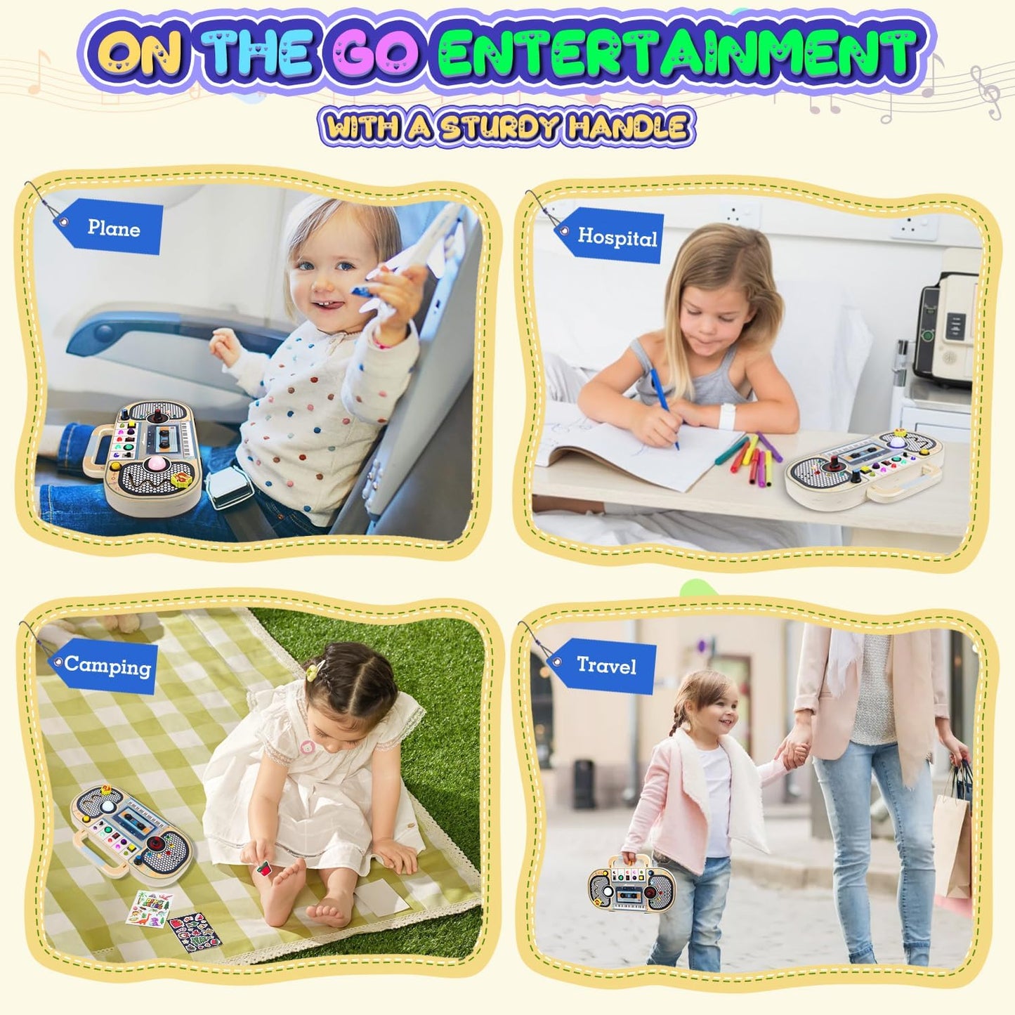 Ansee Busy Board Montessori Toys for Toddlers, Wooden Sensory Toys with LED Light, Switches, Music, Labyrinth, Adjust Volume, 2 DIY Stickers, Learning Travel Toys