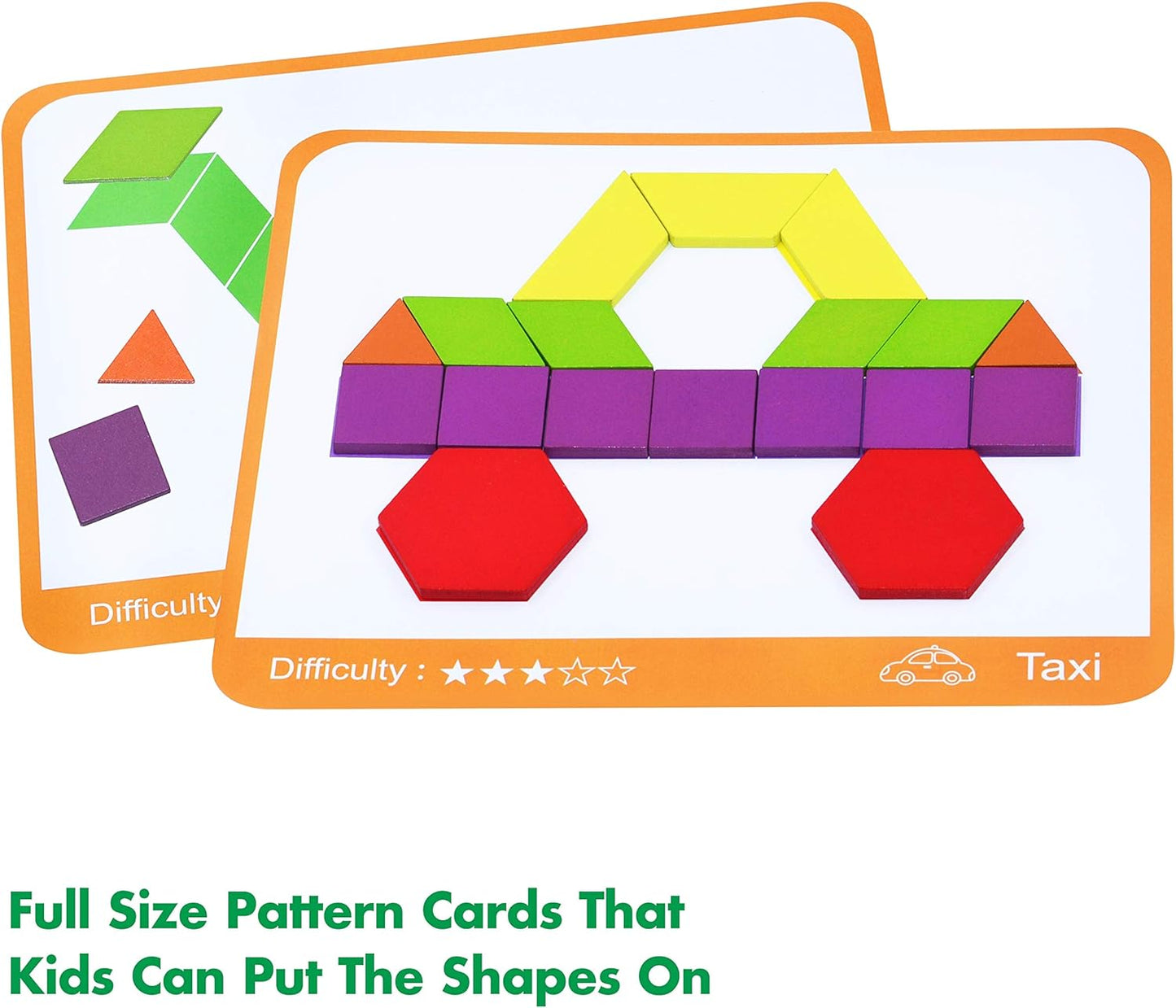 215 PCS Wooden Pattern Blocks Set, 24 Double-Sided Design Cards Pattern Building Shapes Educational Geometric Shape Puzzle Fun Tangram Montessori Learning Toys for Kids Ages 4-8 (A Storage Bag)