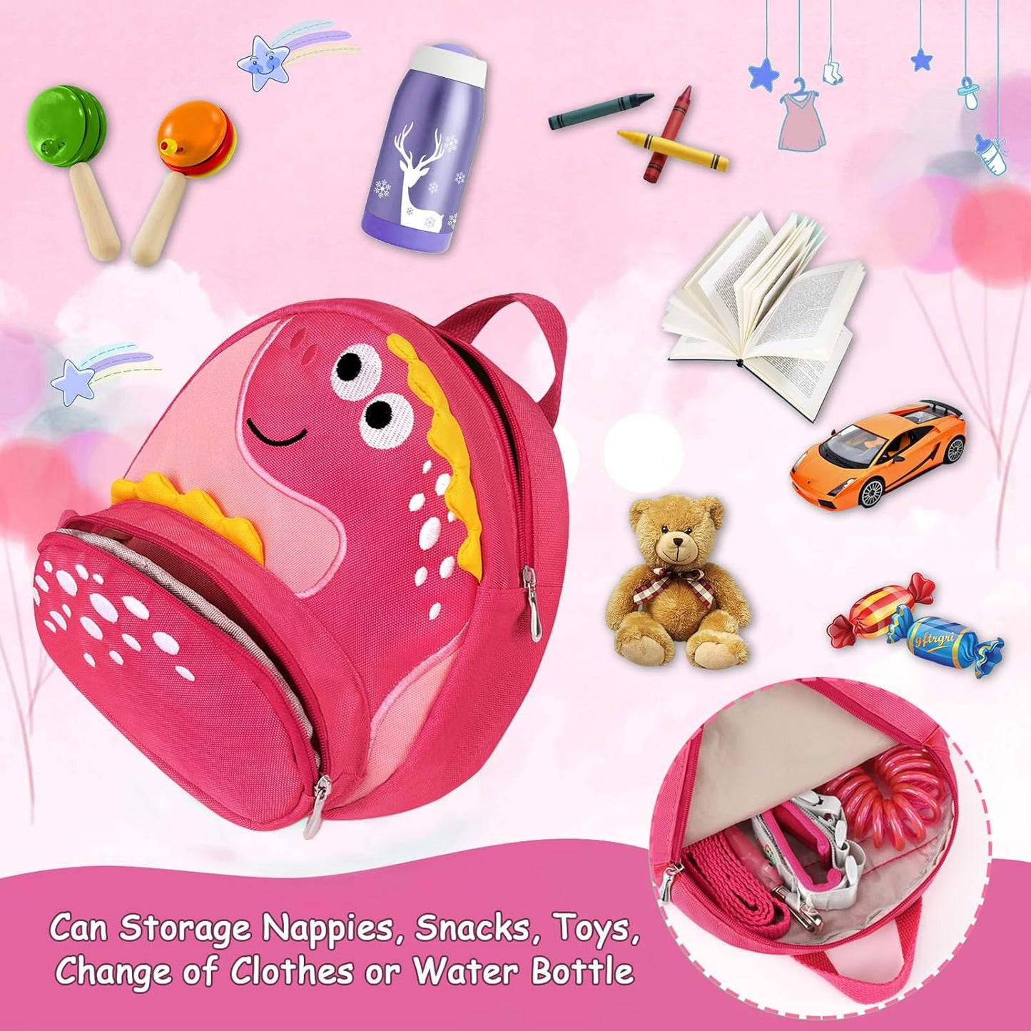 Accmor Toddler Harness Backpack Leash, Cute Dinosaur Backpacks with Anti Lost Wrist Link, Cute Mini Child Backpack Wristband Tether Strap and Protection Leashes for Boys Girls Aged 1-3 Years