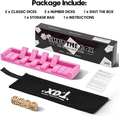 11'' Wooden Shut The Box Dice Game Travel Size Board Game 12 Numbers 2 Classic Dice & 2 Number Dice Storage Bag Instructions Math Learning Classroom Kids, Adults