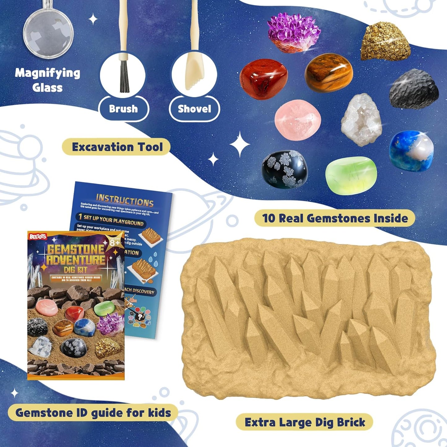 Gemstone Dig Kit for Kids with 2 Tools, Excavate 10 Real Gems, STEM Science Mining Toy, Educational Gift for Boys and Girls Ages 8-12