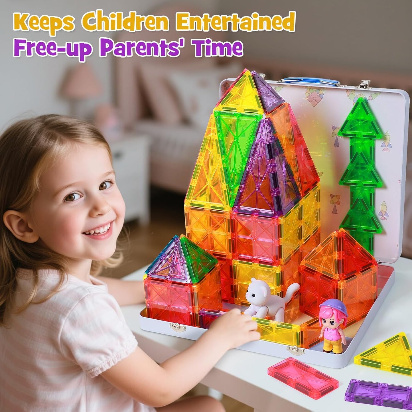 42-Piece Mini Magnetic Tiles Travel Set with Metal Storage Box - Portable STEM Building Blocks for Kids Ages 3-8, Montessori Educational Toys for Airplane & Car Rides, Gift for Boys & Girls