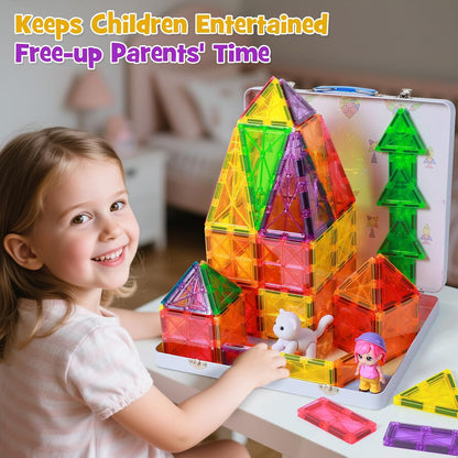 42-Piece Mini Magnetic Tiles Travel Set with Metal Storage Box - Portable STEM Building Blocks for Kids Ages 3-8, Montessori Educational Toys for Airplane & Car Rides, Gift for Boys & Girls