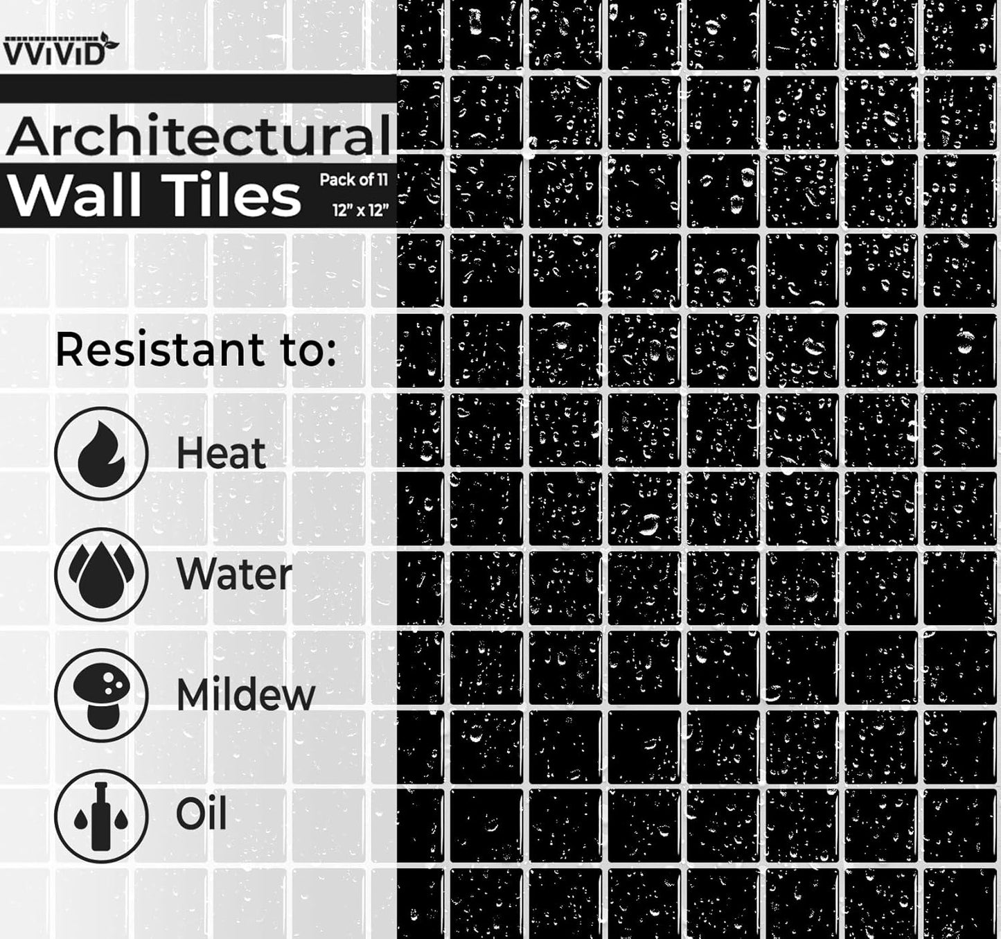 VViViD 11 Sheets Peel and Stick Grey Gloss Faux Ceramic Brick Wall Tiles, Self Adhesive Backsplash 12”x12”, 2mm Thick Kitchen, Bathroom (11 sq. ft.)