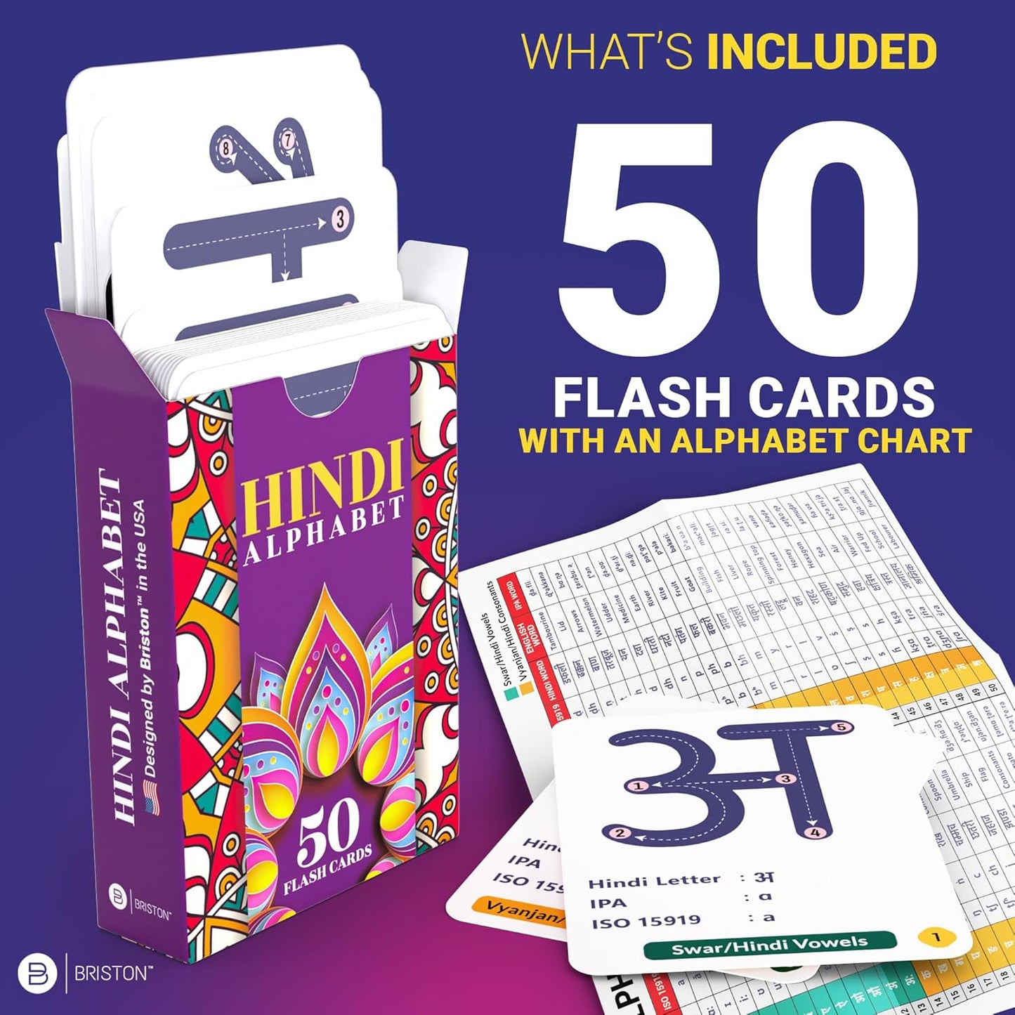 Briston Hindi Alphabet Flash Cards with Audio – Learn Hindi Letters and Pronunciation for Kids and Adults – Educational Language Learning Flashcards for Beginners, Classroom, Homeschool