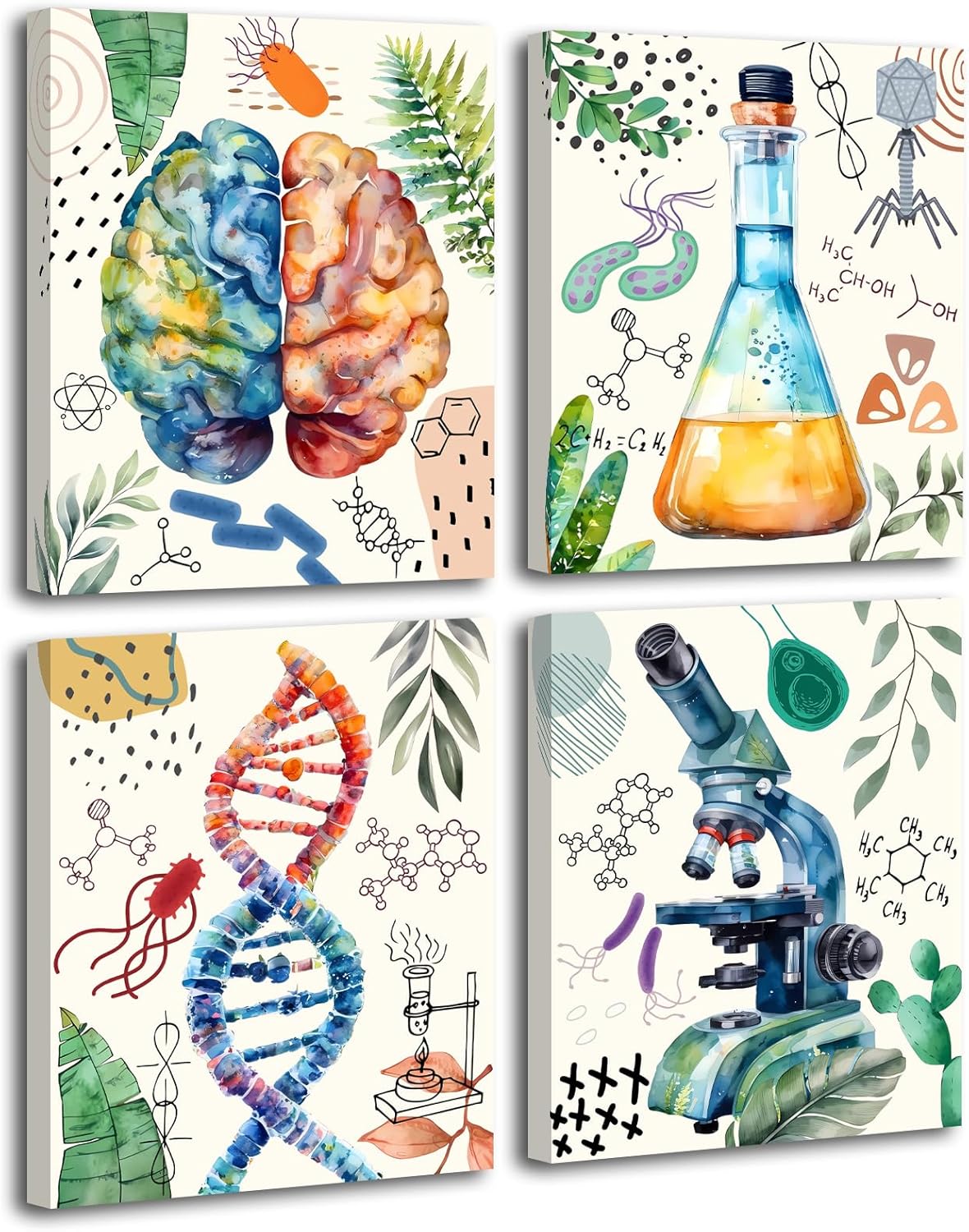 ZHAXFA Science Wall Art Canvas Prints,Biochemical Science Art poster,Microbiology Chemistry Wall Prints,Boho Classroom Wall Art,School Laboratory Decoration Set of 4 (Unframed 8x10 inches)