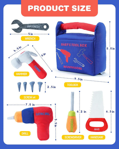 Jollybaby Soft Kid Tool Box Set Toy Inclub Drill Hammer Saw Wrench Screwdriver Screw for Baby, Montessori Preschool Educational Learning Construction Toys for Boy Birthday Gift - RED
