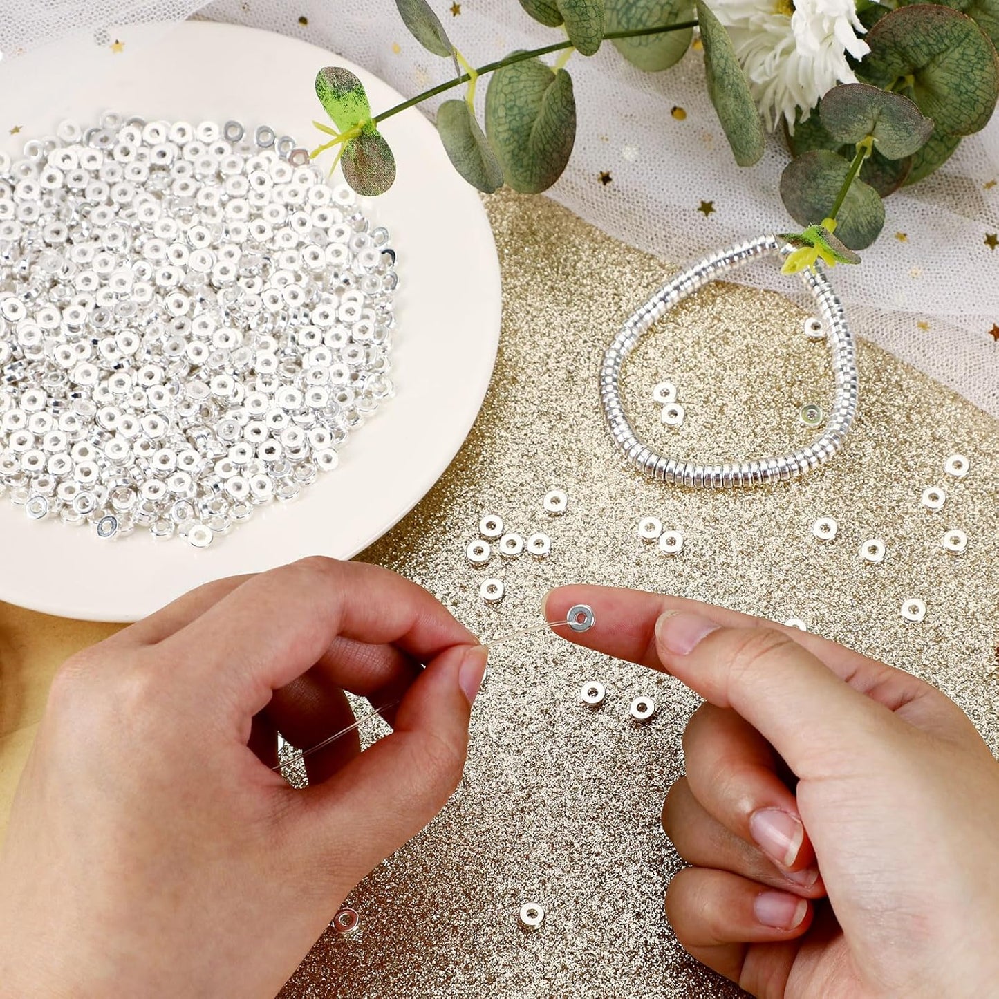 1500pcs 6mm Flat Round Spacer Beads Disc Loose Jewelry Making Beads for DIY Bracelet Necklace Earring Craft Supplies, Gold & Silver