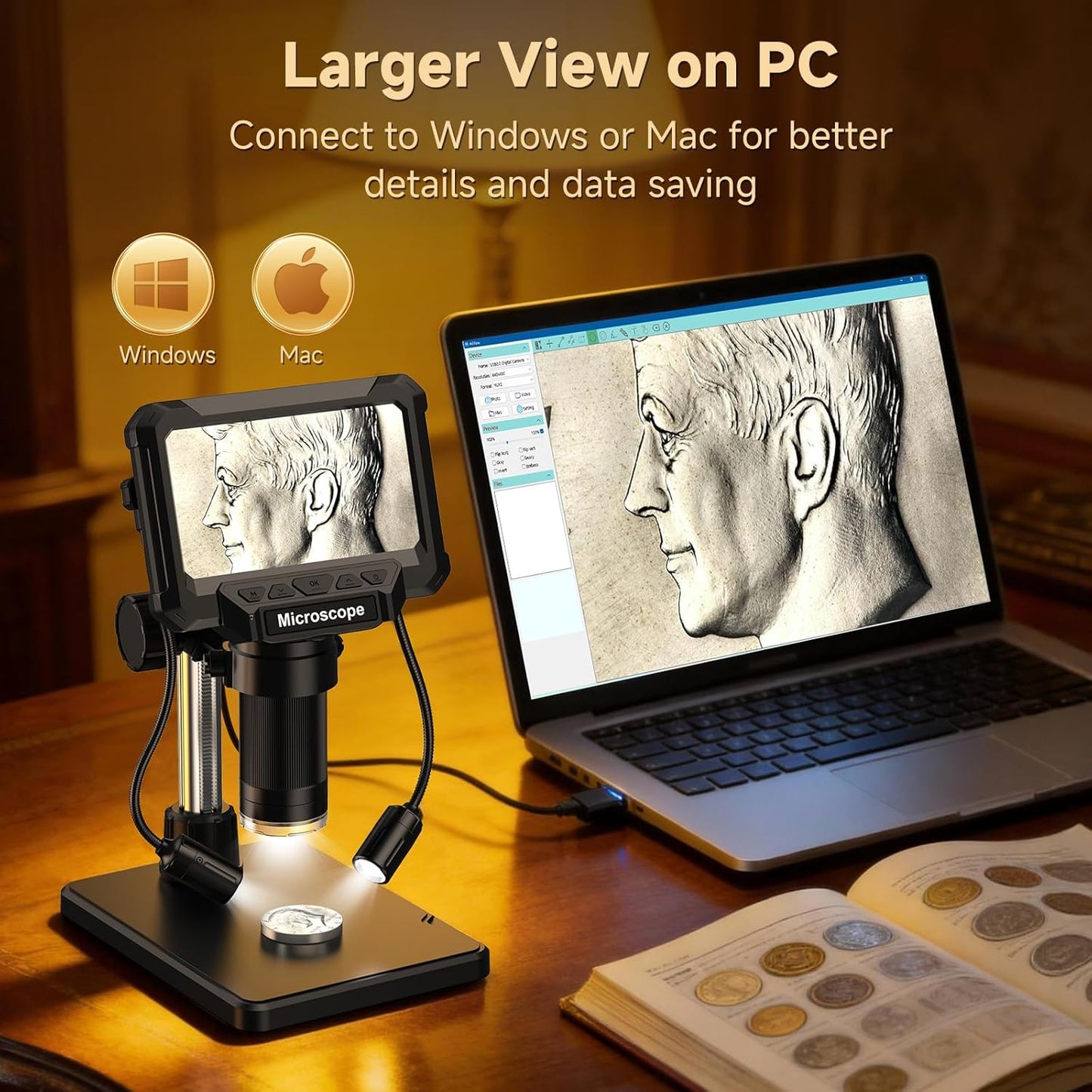 4.3" Coin Microscope for Error Coins (Detail View Only), 1000X Digital LCD Magnifier with Anti-Glare Side Lights, 1080P USB PC View (Win/Mac), Rechargeable Scope for Numismatic Grading