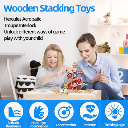 moopok Wooden Stacking Toys,16Pcs Circus Hercules Acrobatic Troupe Interlock Toy,Balancing Building Blocks Game Toddler Puzzle Toys,for 3 4 5 6 Years Old Kids Adults