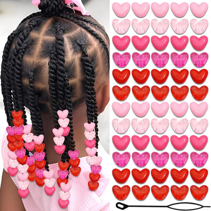 90PCS Heart Hair Beads for Braids Blue Pink Loc Dreadlock Valentine's Day Bead Accessories Purple Cute Acrylic Heart Shape Beads for Kids Girls