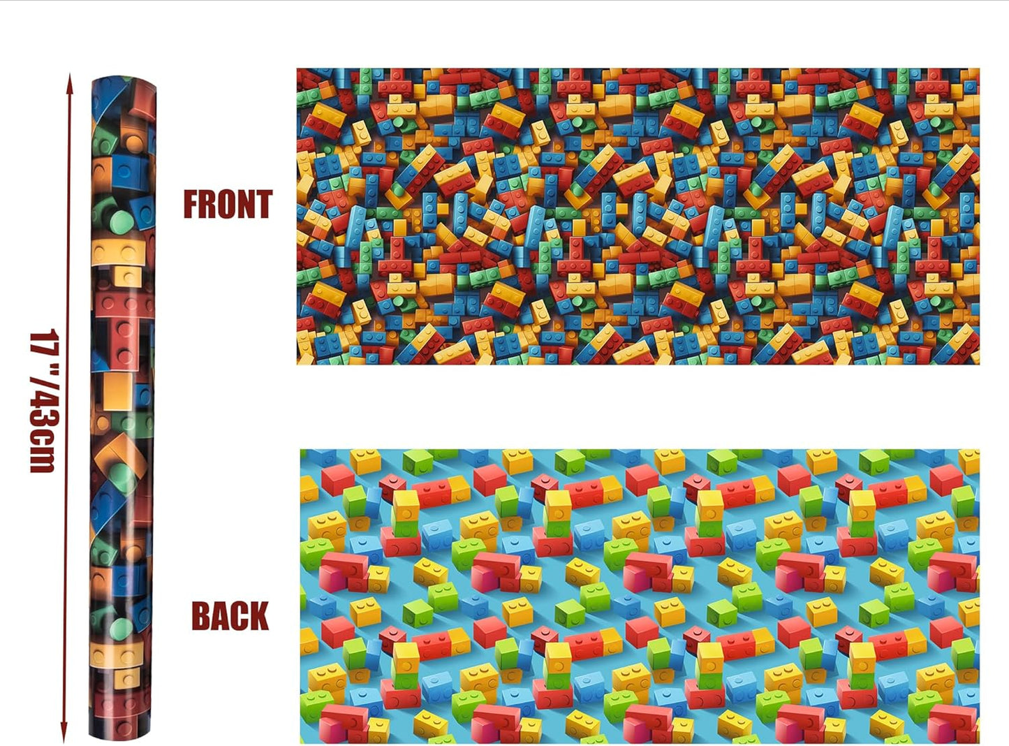 Dtiafu Reversible Building Blocks Wrapping paper Roll for Kids Boys Girls - Boys Birthday Bricks Design Gift Wrap Sheets for Baby Shower Party Craft Supplies(Total 28.5sq.ft)