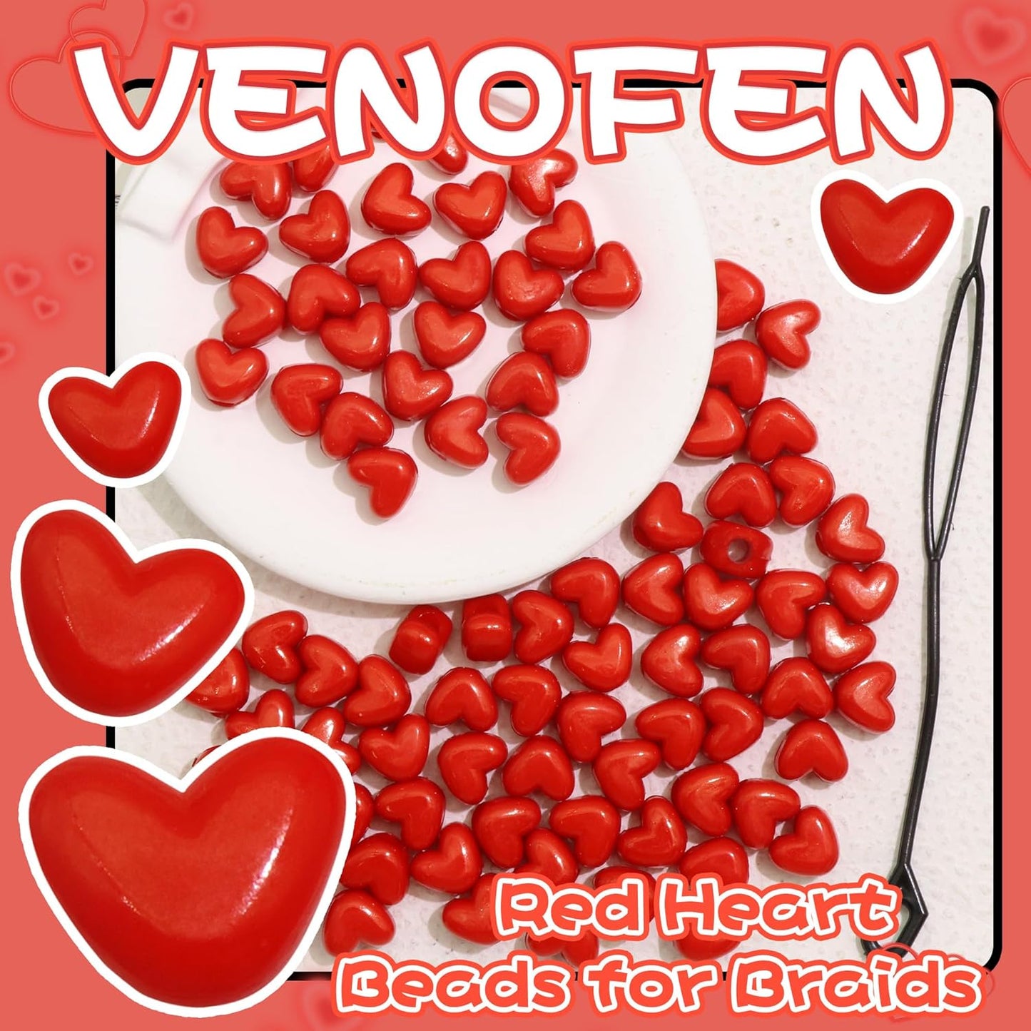 90PCS Light Pink Heart Beads for Braids Hair Jewelry Loc Dreadlock Accessories Cute Heart-Shaped Pony Bead