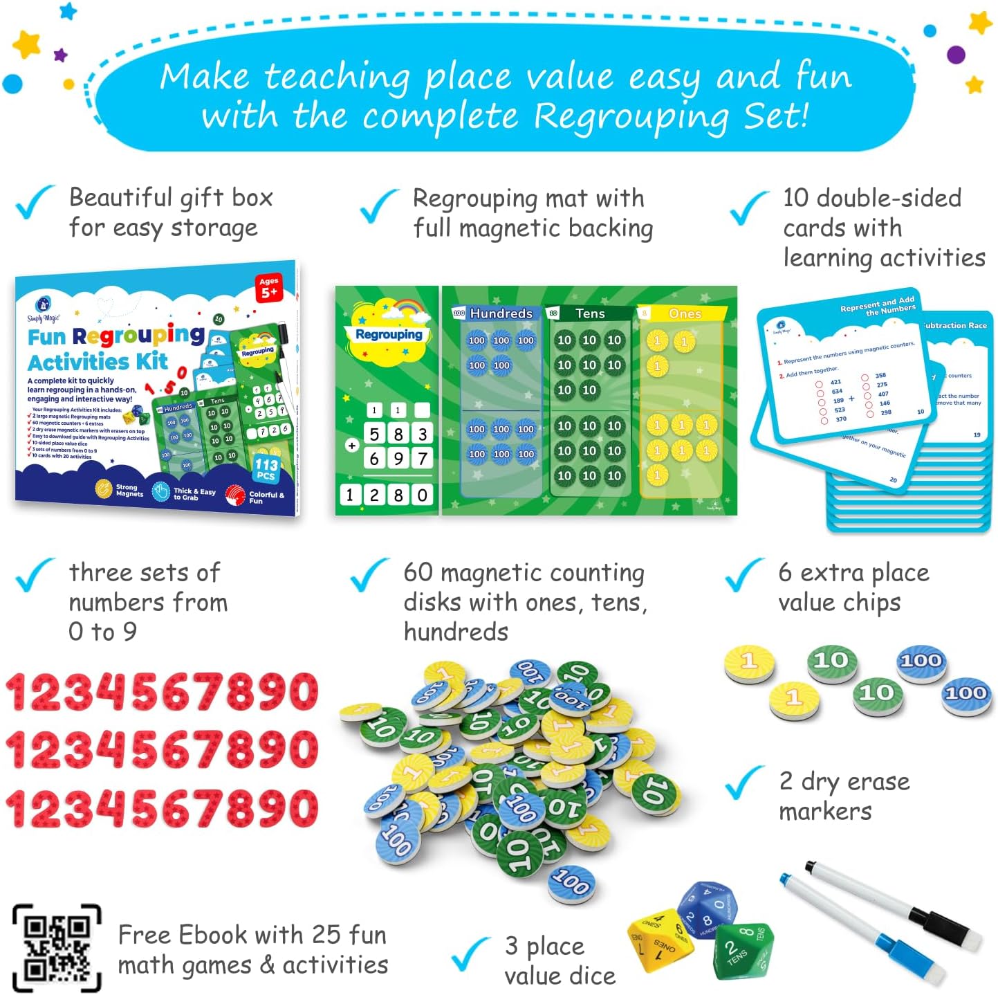 Simply Magic 113 PCS Fun Magnetic Regrouping Activities Kit & 246 PCS Display Magnetic Place Value ans Discs Set