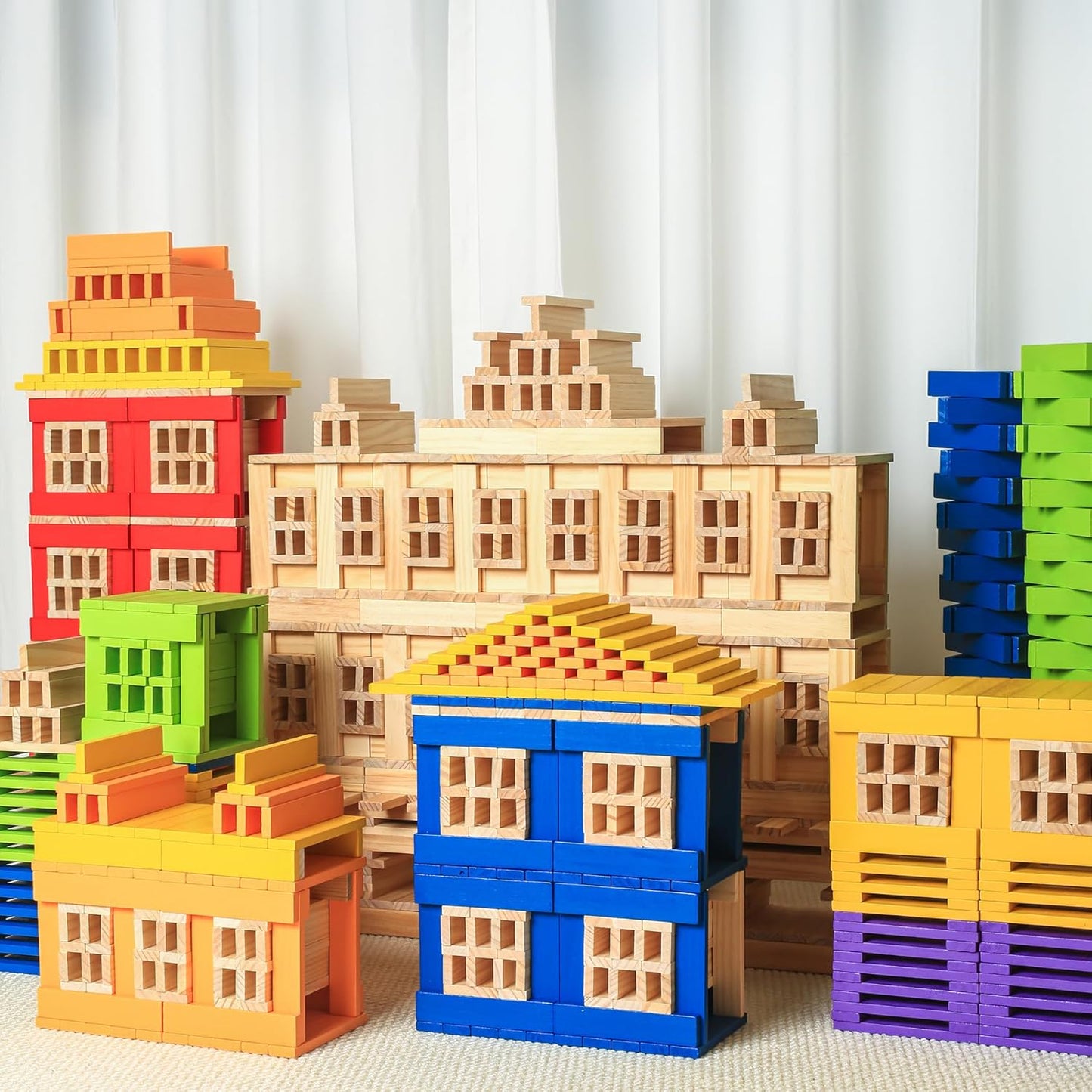 Premium 300 Pcs Natural Wooden Building Blocks for Kids Ages 3-12,Pine STEM Construction Toy - Open-Ended Classic Building Blocks Set for Castles, Bridges & Towers, Educational Learning Gift (4.7 in)
