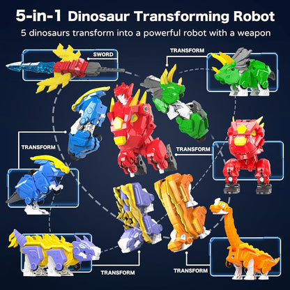 5-in-1 Transforming Dinosaur Robot Toys, STEM Building Kit with Triceratops Action Figures, Safe Set for Kids Boys Girls Age 3+ Boys & Girls, Birthday for Toddlers