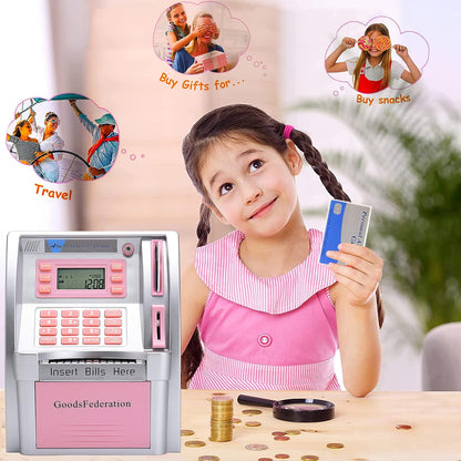 ATM Piggy Bank for Real Money for Kids Adults,Toy Money Bank with Card,Password,Coin Recognition,Bill Feeder,Balance Calculator,Electronic Money Safe Coin Box,Hot Gift for Boys Girls