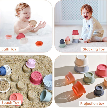 ZYFLSQ Stacking Cups Baby Toy, Nesting Cups 8 Pcs with Pattern for Kid Baby 6 Months and Up Montessori Bath Toys