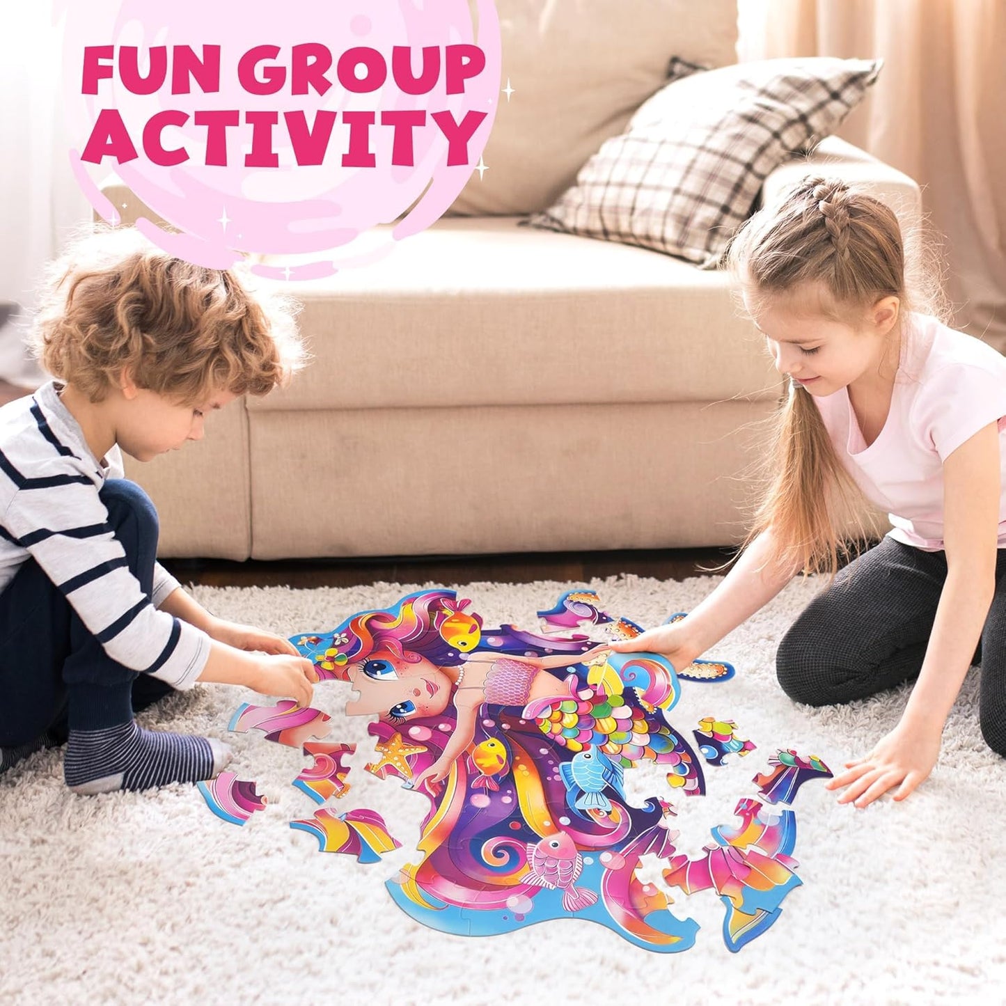 BenBen Floor Puzzles for Kids, 52 Piece Jumbo Mermaid Puzzle for Kids Ages 4-6, Large Jigsaw Puzzle for Toddlers 3-5, Mermaid Toys Birthday Gift for Girls Boys