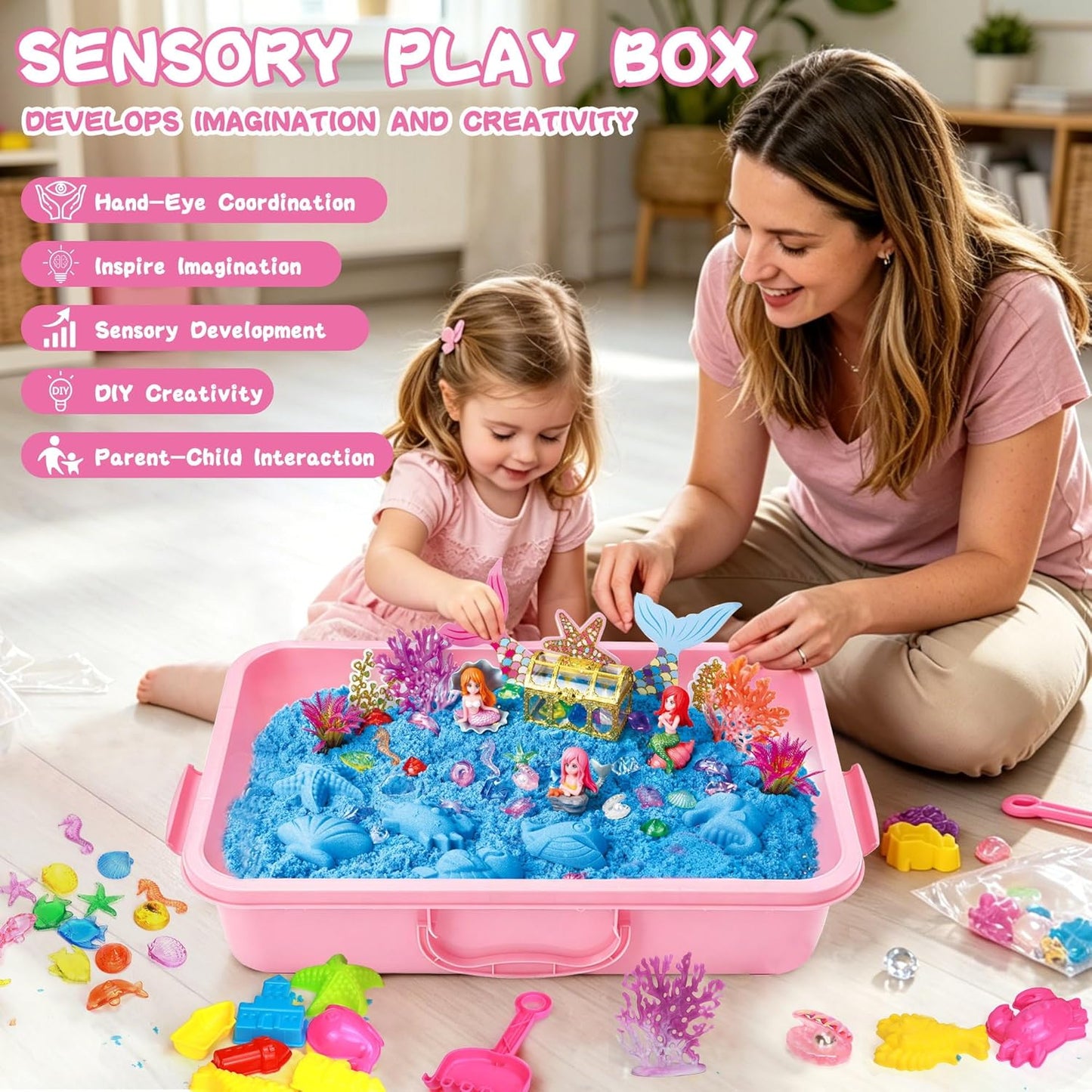 Dinosaur Sensory Bin with Lid, 2.64lbs Magic Sand, Dino Figures, Skeletons & Archaeology Tools, Sensory Sand Kit Dinosaur Toys for Kids 3 4 5 6 7+ Year Old Boy Toddler Birthday Gift Christmas