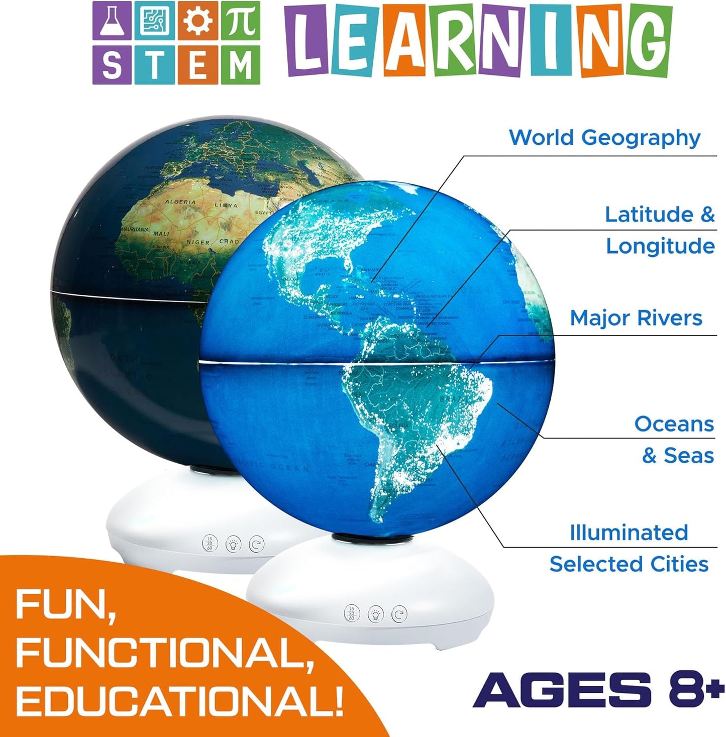 USA Toyz Illuminated Globe for Kids Learning- 3-in-1 STEM Globes of the World with Stand, Constellation Map, Built-in LED Night Light Desk Globe Lamp, Non-Tip Metal Base, 9.75” Tall, 7 Inch Diameter