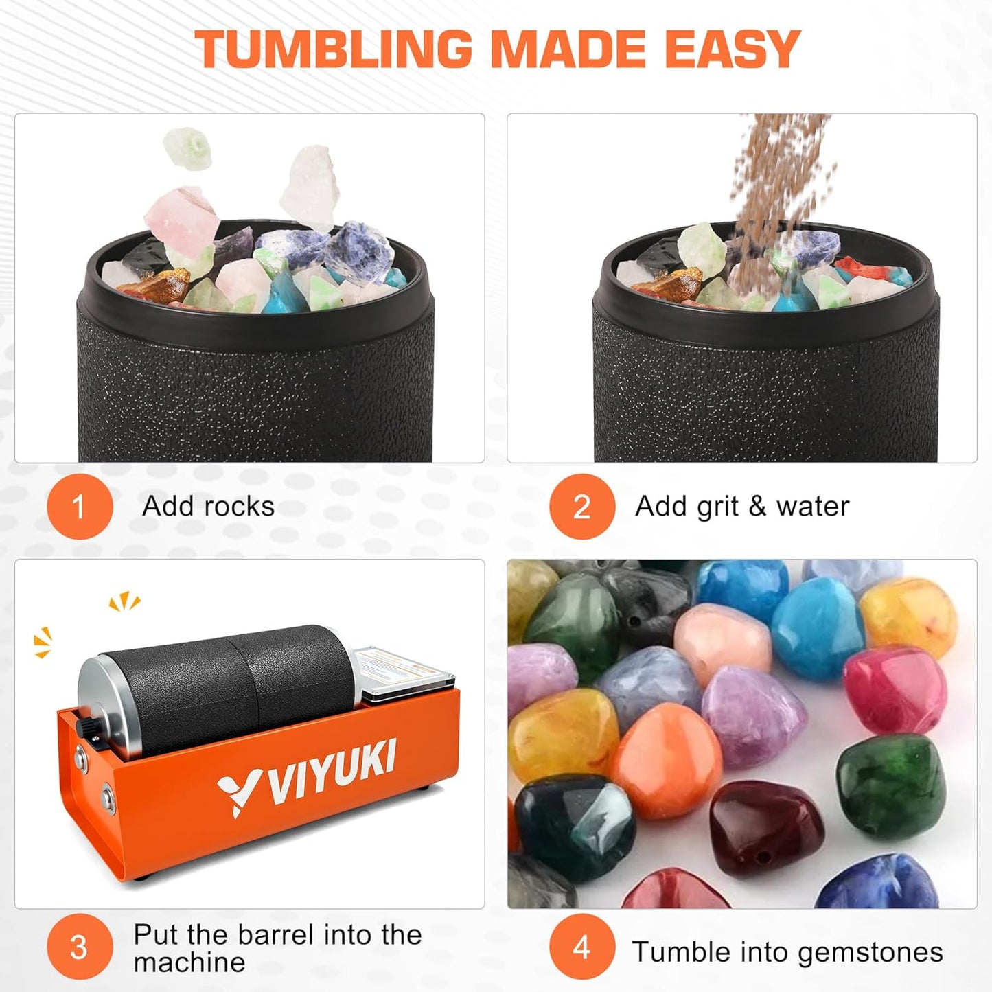 Professional Rock Tumbler Kit - Double Drum 6LB Rock Polisher(Double Barrel), Includes Rough Gemstones, 8 Polishing Grits, Jewelry, Learning Guide, Ideal Gift for Adults & Collectors
