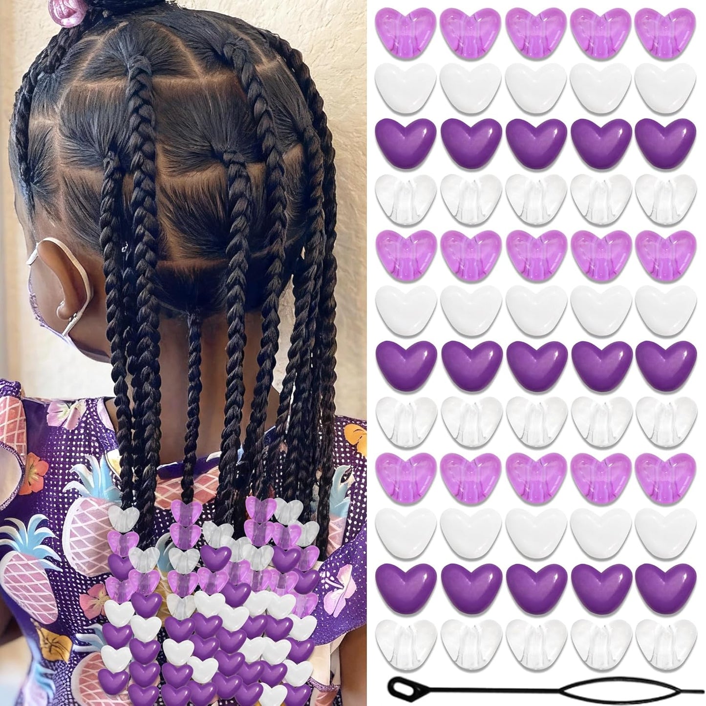 88PCS Pink White Hair Beads for Braids Lovely Heart Shape Loc Dreadlock Valentine's Day Bead Accessories Cute Acrylic Small Pony Beads for Kids Girls