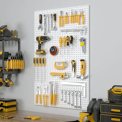 Spampur Peg Board, 4 Pack Metal Pegboard Panels with 50 Hooks, Black Pegboards Wall Organizer, Heavy Duty Peg Board for Walls Home, Garage Tool Storage, Office Organization, Craft Room, Kitchen