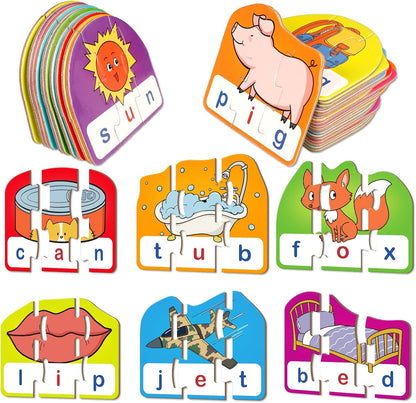 Kasfalci CVCC & CCVC Puzzle Cards for Kids - Word & Phonics Games, Speech Therapy Toys for Toddlers, 4 Alphabet Letter Word Puzzles, Learning Spelling Games
