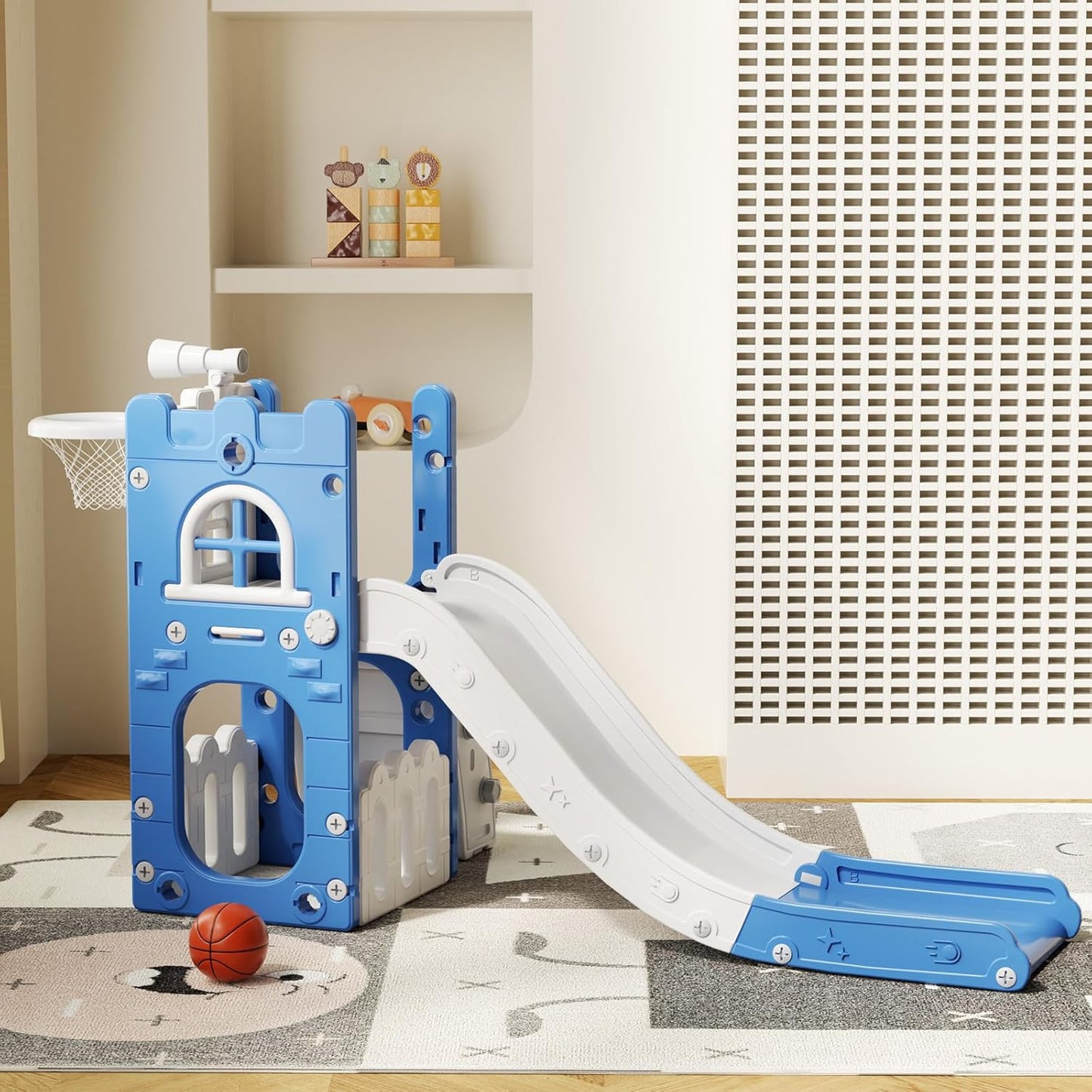 LulliSpace 6 in 1 Toddler Slide,Kids Climber Slider for Indoor Outdoor Playground with Basketball Hoop,Storage and Telescope,L Shaped Slide for Toddler Climber Playset