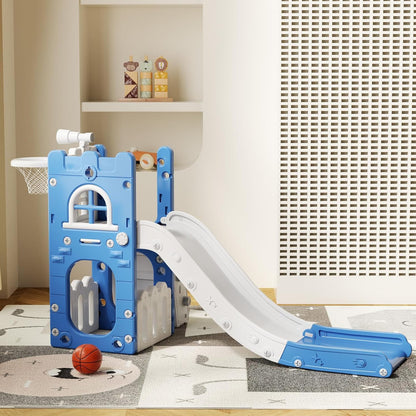LulliSpace 6 in 1 Toddler Slide,Kids Climber Slider for Indoor Outdoor Playground with Basketball Hoop,Storage and Telescope,L Shaped Slide for Toddler Climber Playset