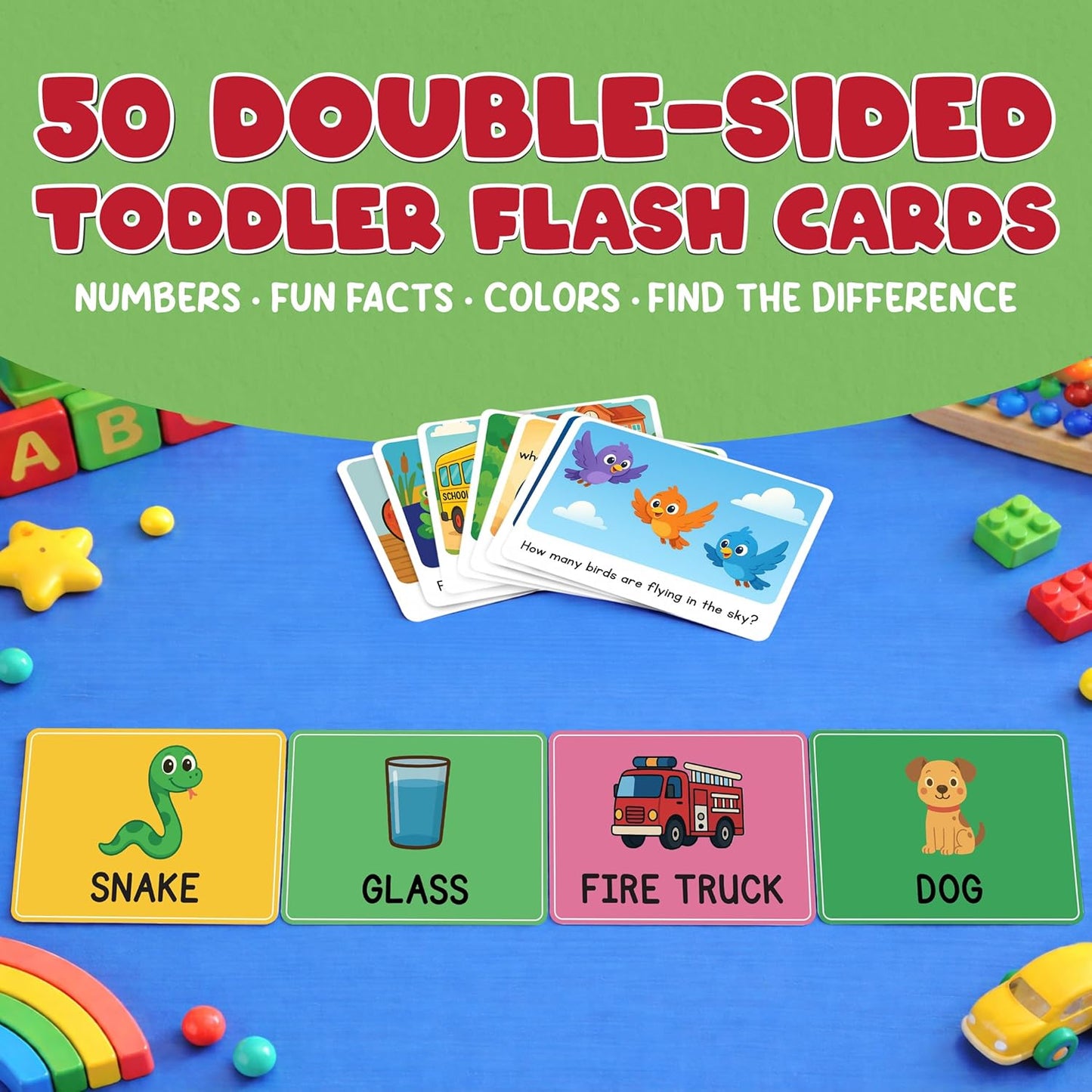Toddler Flash Cards - 50 Big Font, 500 GSM Wipe-Clean Learning Flash Cards for Toddlers 1-3 & Ages 3-5 - Numbers, Colors, Find-the-Difference & Fun Questions - Preschool Educational Gift